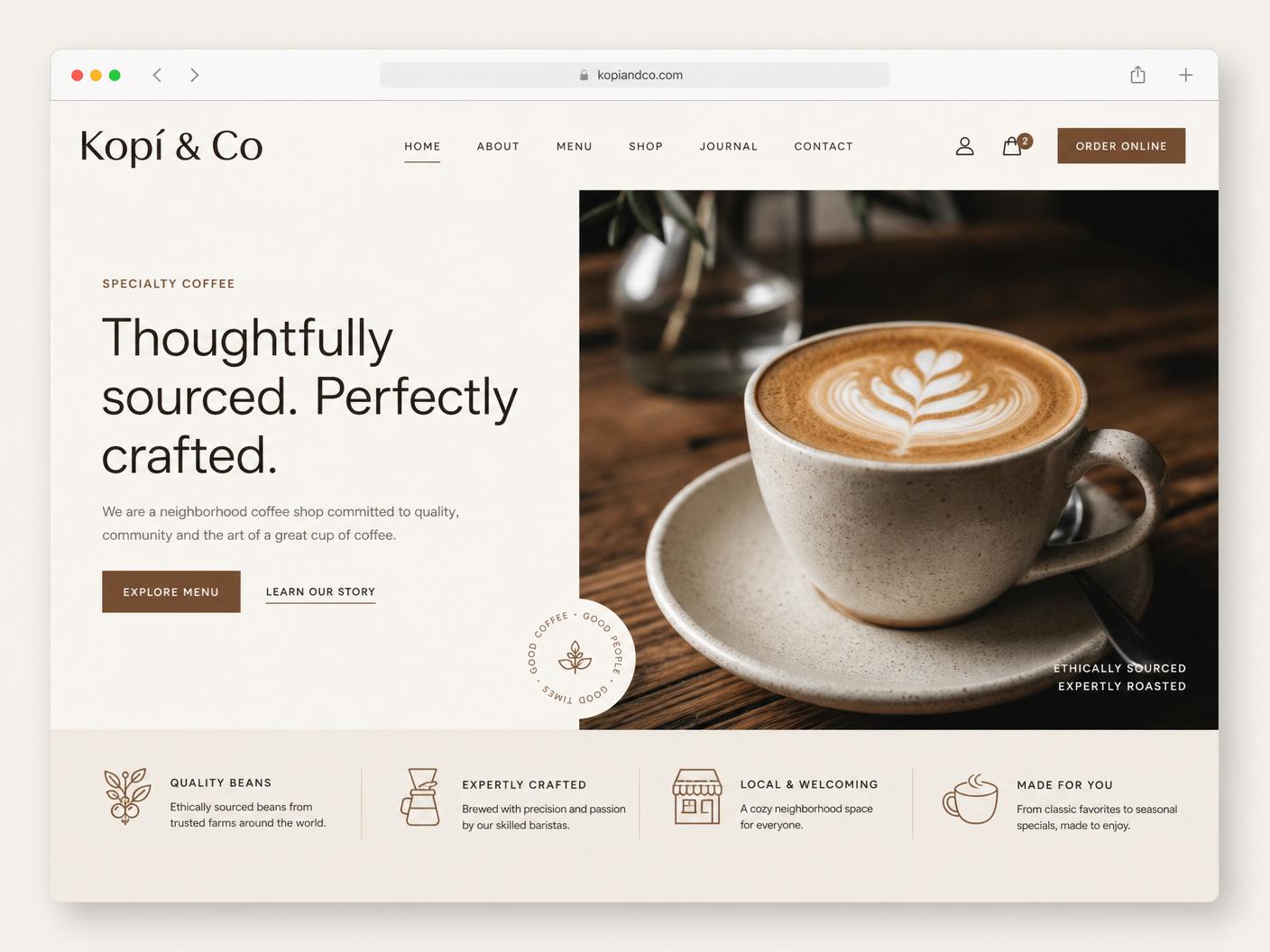 Kopí & Co website mockup — sample project